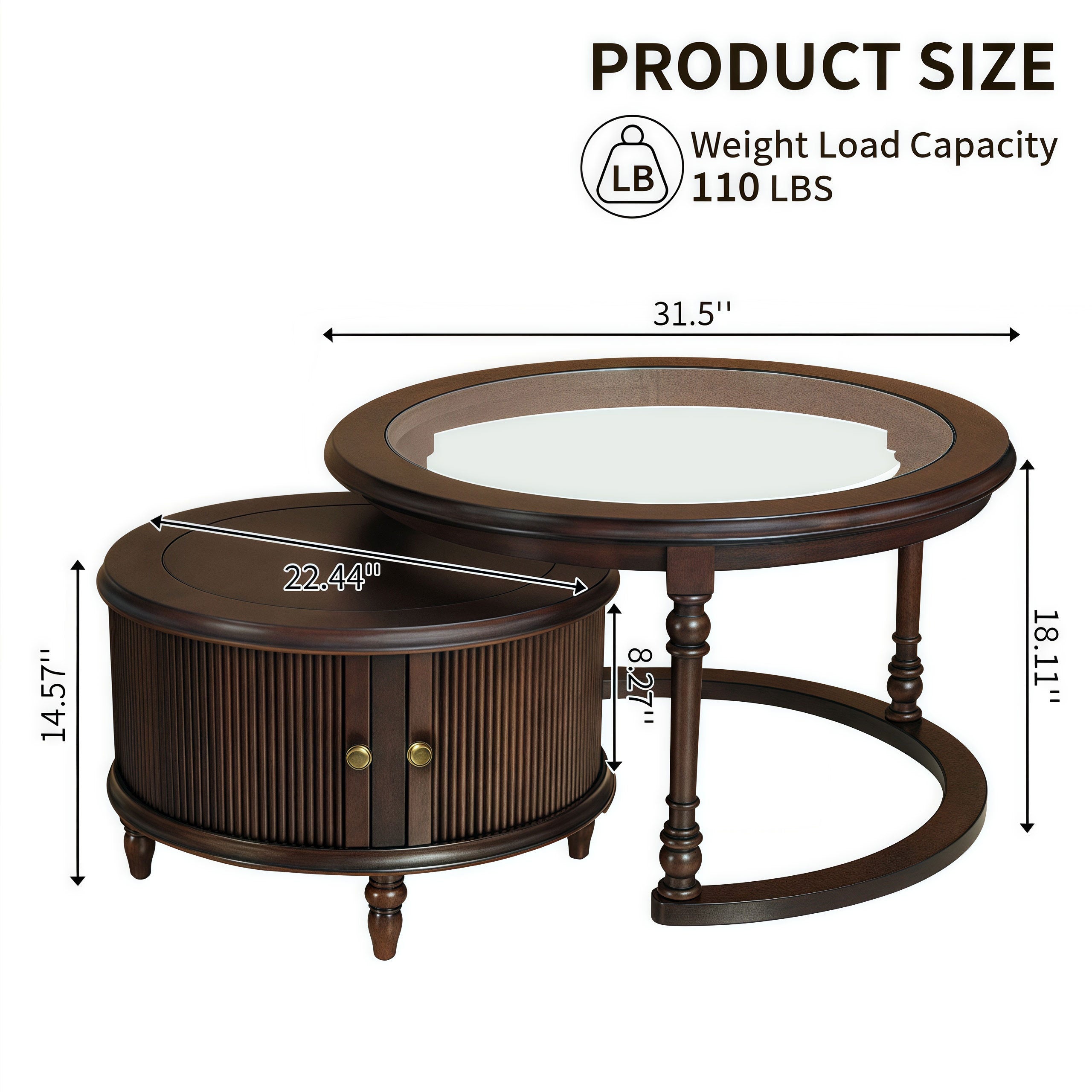 Modern Nesting Coffee Table Set with Glass and Solid Wood Frame Coffee Table