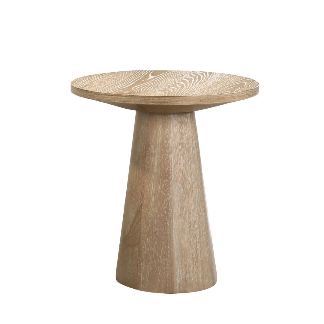 Unique Cone Base Pedestal Round End Table Contemporary Style Rubberwood Structure Oak Finish
