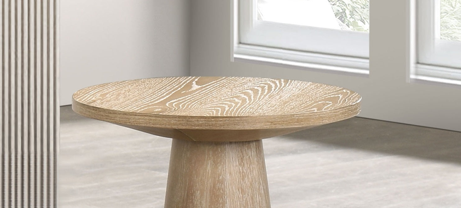 Unique Cone Base Pedestal Round End Table Contemporary Style Rubberwood Structure Oak Finish