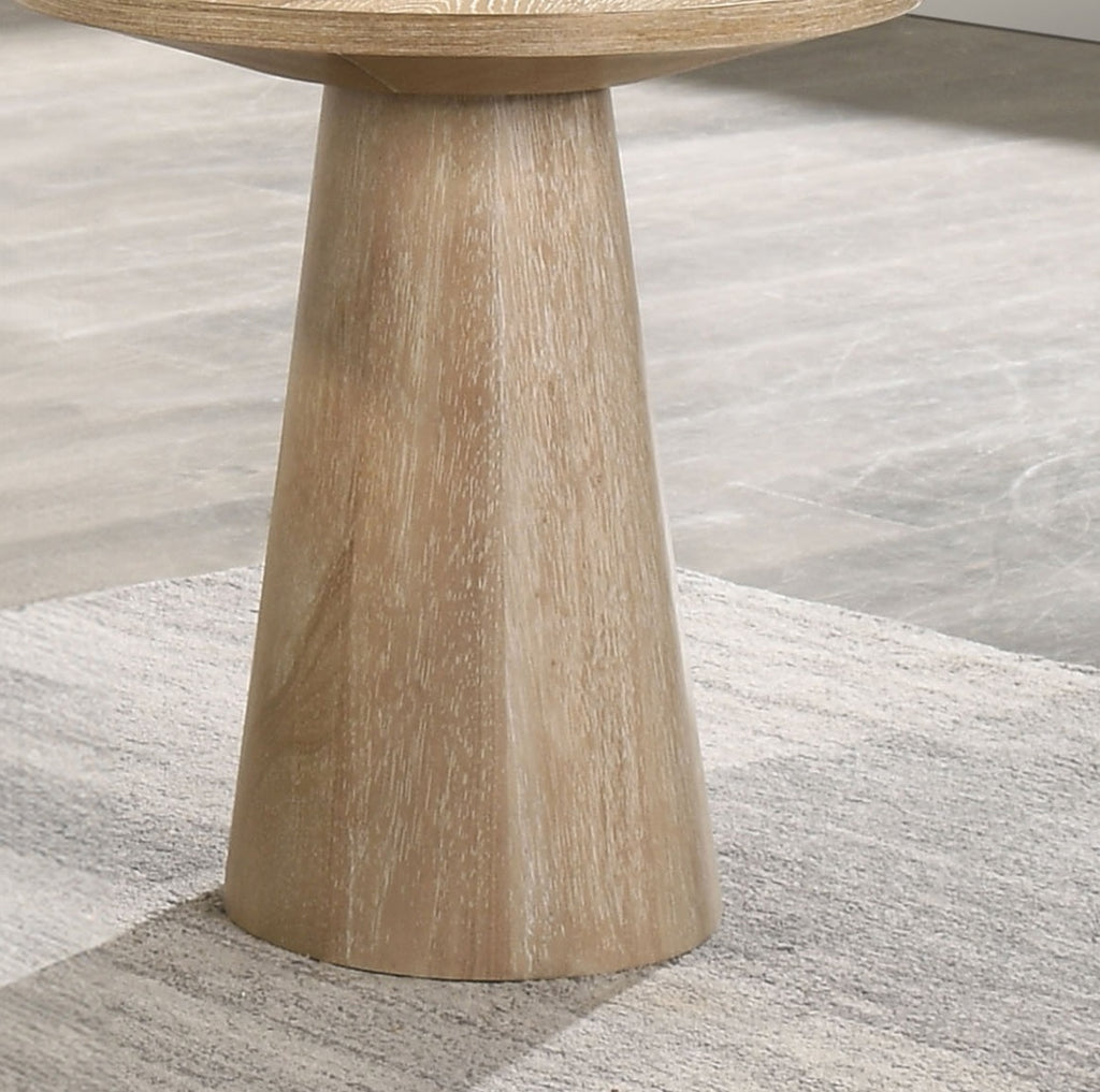Unique Cone Base Pedestal Round End Table Contemporary Style Rubberwood Structure Oak Finish