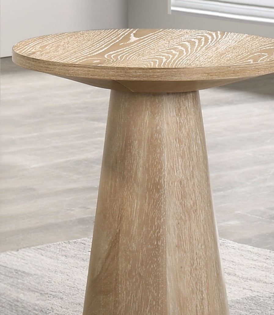 Unique Cone Base Pedestal Round End Table Contemporary Style Rubberwood Structure Oak Finish