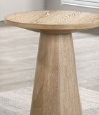 Unique Cone Base Pedestal Round End Table Contemporary Style Rubberwood Structure Oak Finish