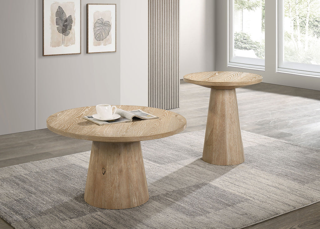 Unique Cone Base Pedestal Round End Table Contemporary Style Rubberwood Structure Oak Finish