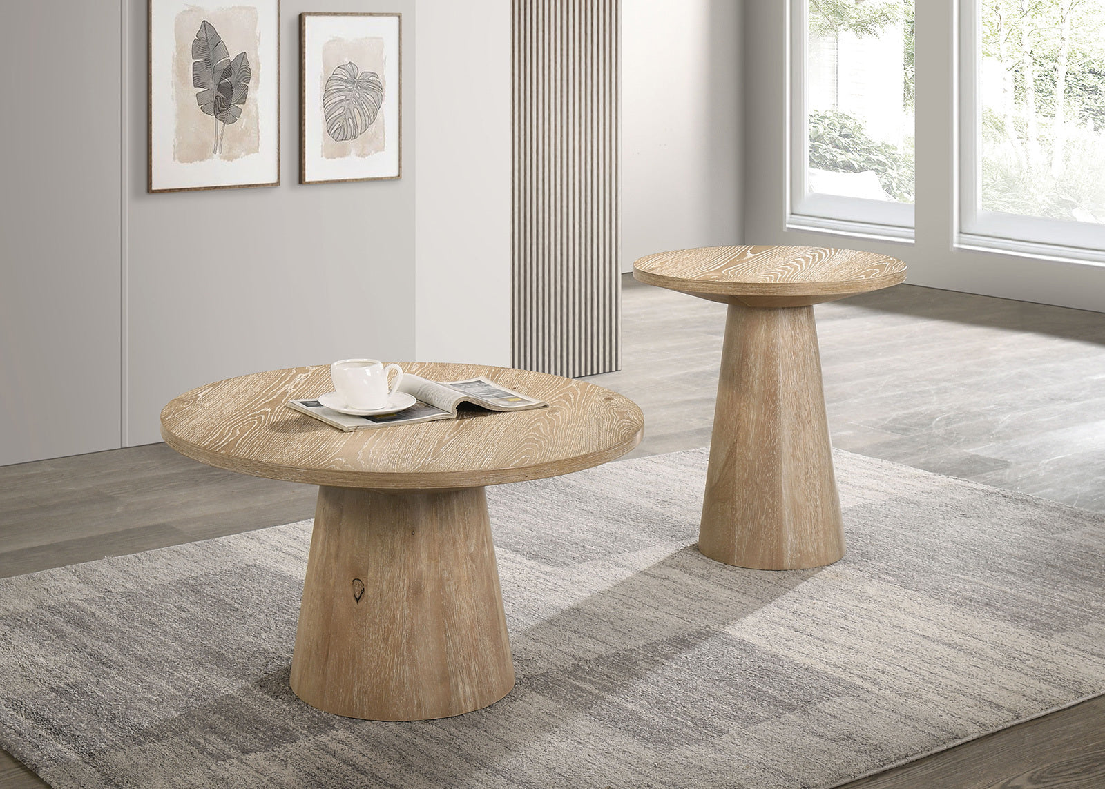 Unique Cone Base Pedestal Round End Table Contemporary Style Rubberwood Structure Oak Finish