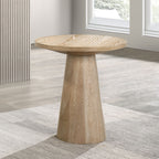 Unique Cone Base Pedestal Round End Table Contemporary Style Rubberwood Structure Oak Finish