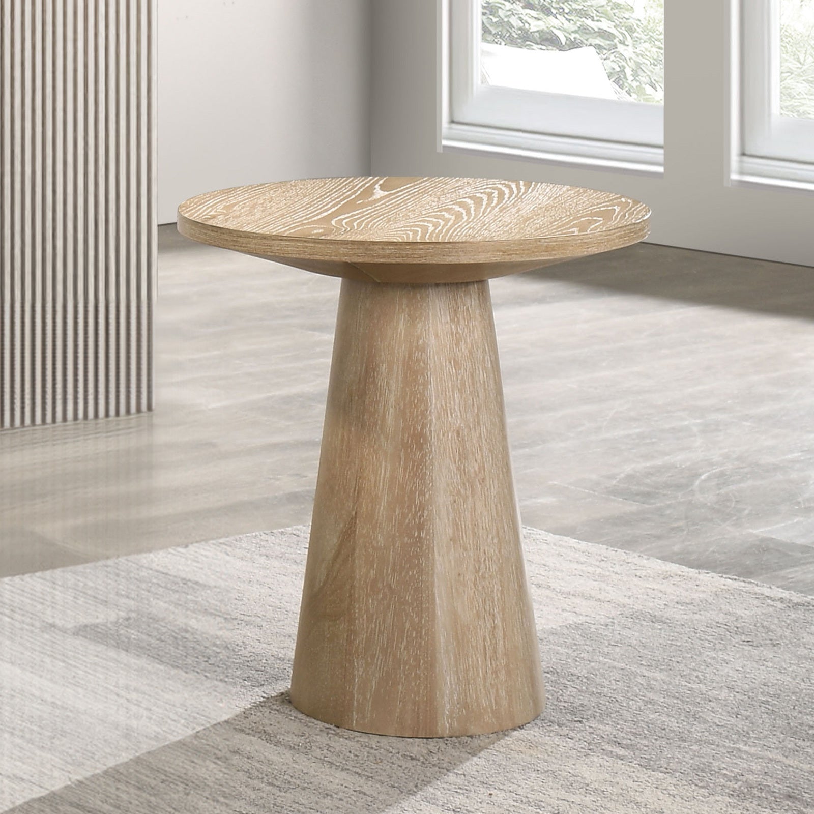 Unique Cone Base Pedestal Round End Table Contemporary Style Rubberwood Structure Oak Finish