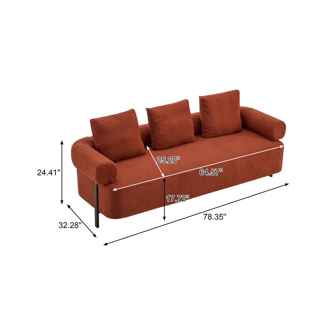 78' Modern 3-Seater Orange Upholstered Sofa, Oversized Comfy Couch with 3 Plush Pillows for Living Room, Bedroom, Apartment