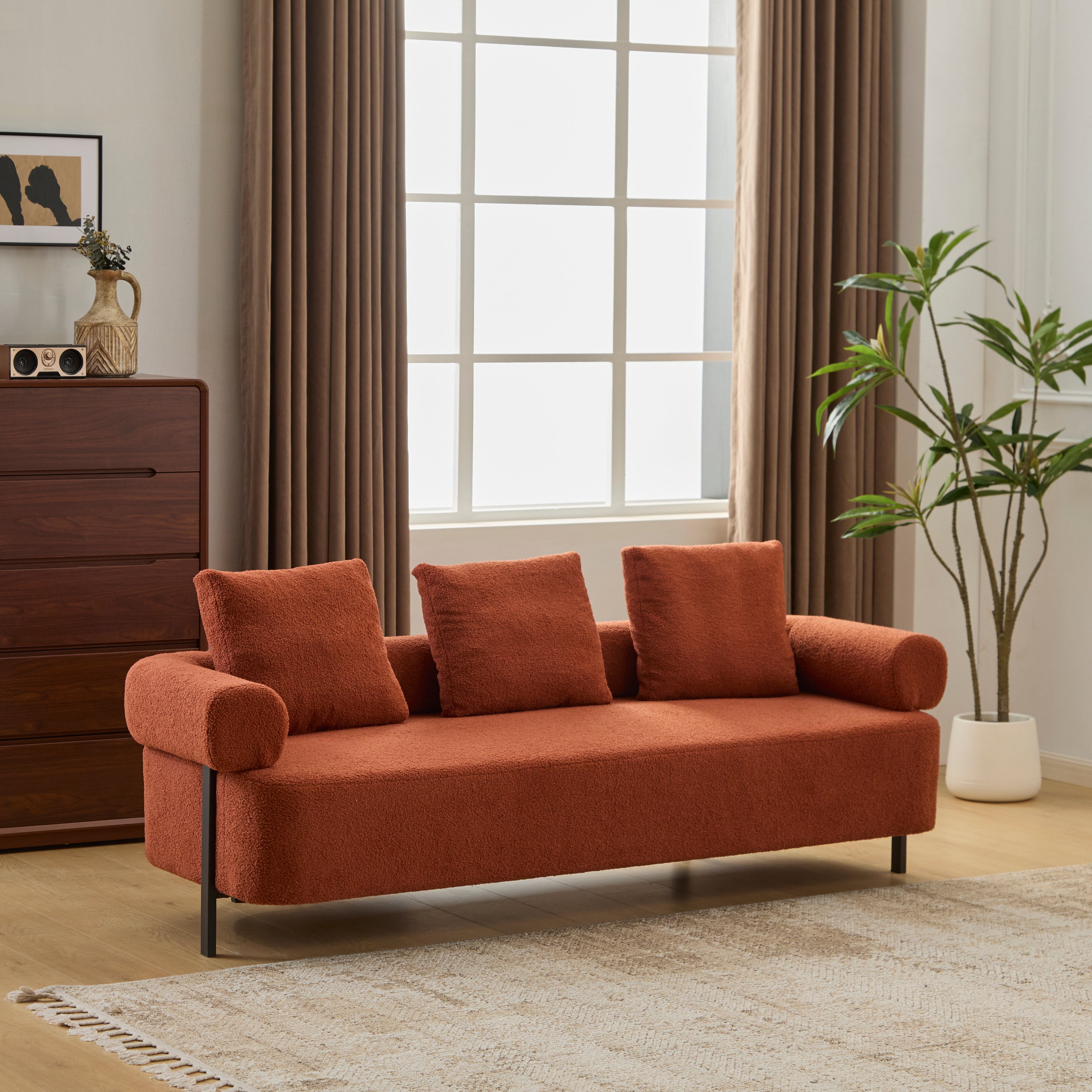 78' Modern 3-Seater Orange Upholstered Sofa, Oversized Comfy Couch with 3 Plush Pillows for Living Room, Bedroom, Apartment