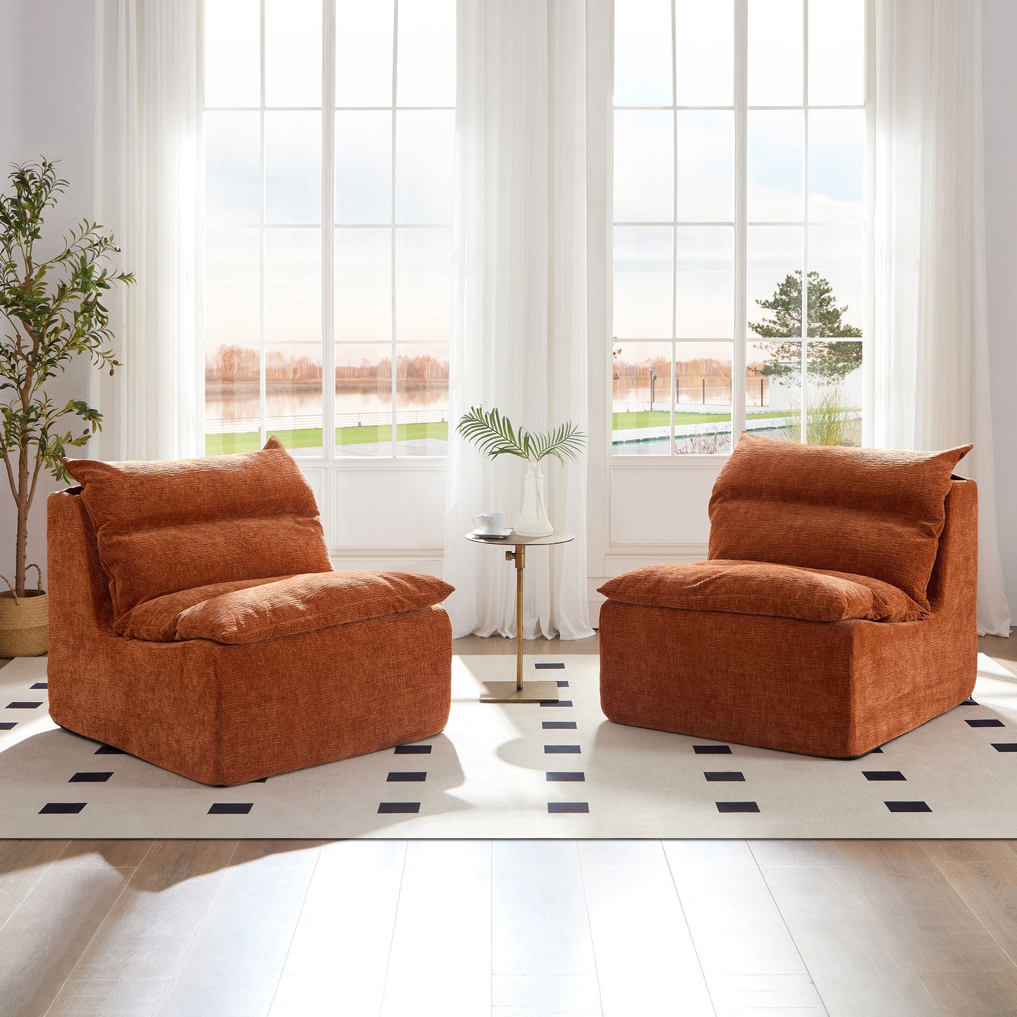 Accent Armless Chair Lazy Floor Seating, Fireside Chair Sofa Lounger Leisure Accent Single Couch with Backrest for Living Room, Bedroom, Office, Single Seat, ORANGE