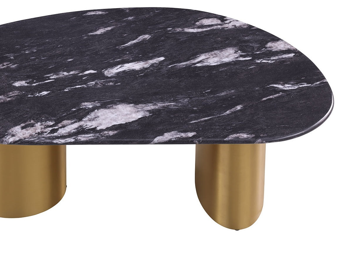 1pc Oval Coffee Table Sintered Stone Top Gold Legs Soft Corner Edges Black Gray And Matte Gold Finish Primary Living Room Coffee Table