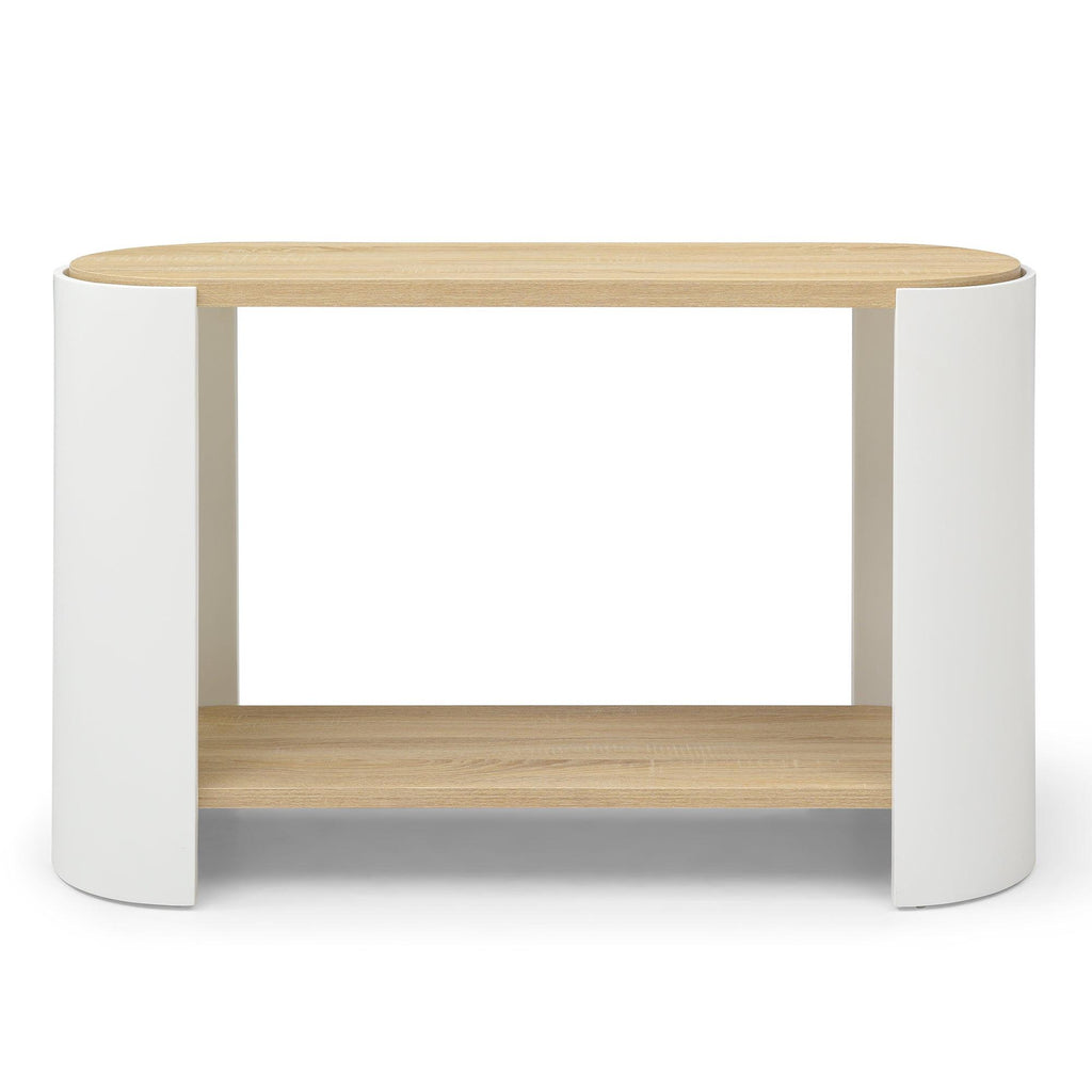 Contemporary Oval End Table with Storage in White and Natural.
