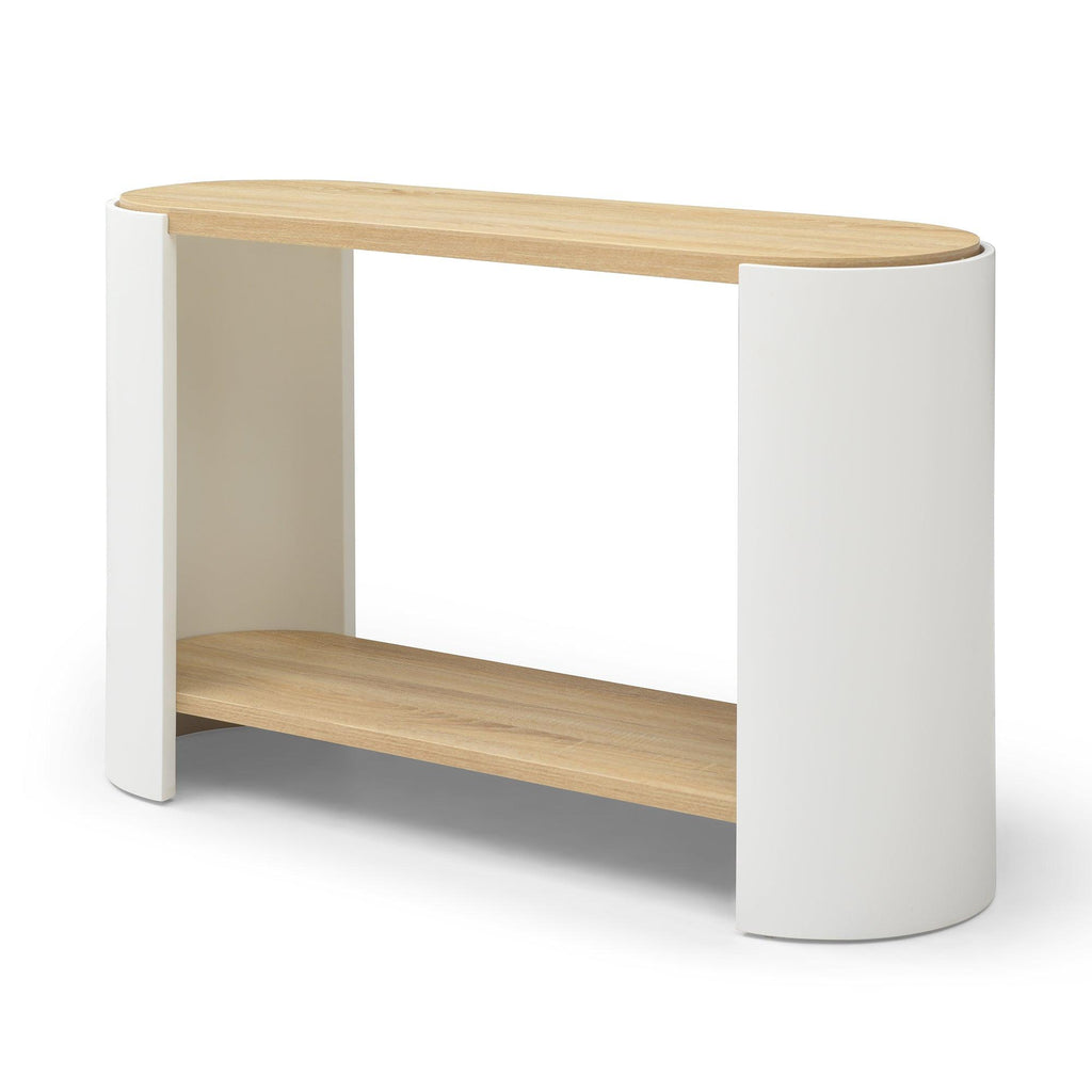 Contemporary Oval End Table with Storage in White and Natural.