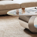 Contemporary Oval Faux Marble Coffee Table with Gray Base.