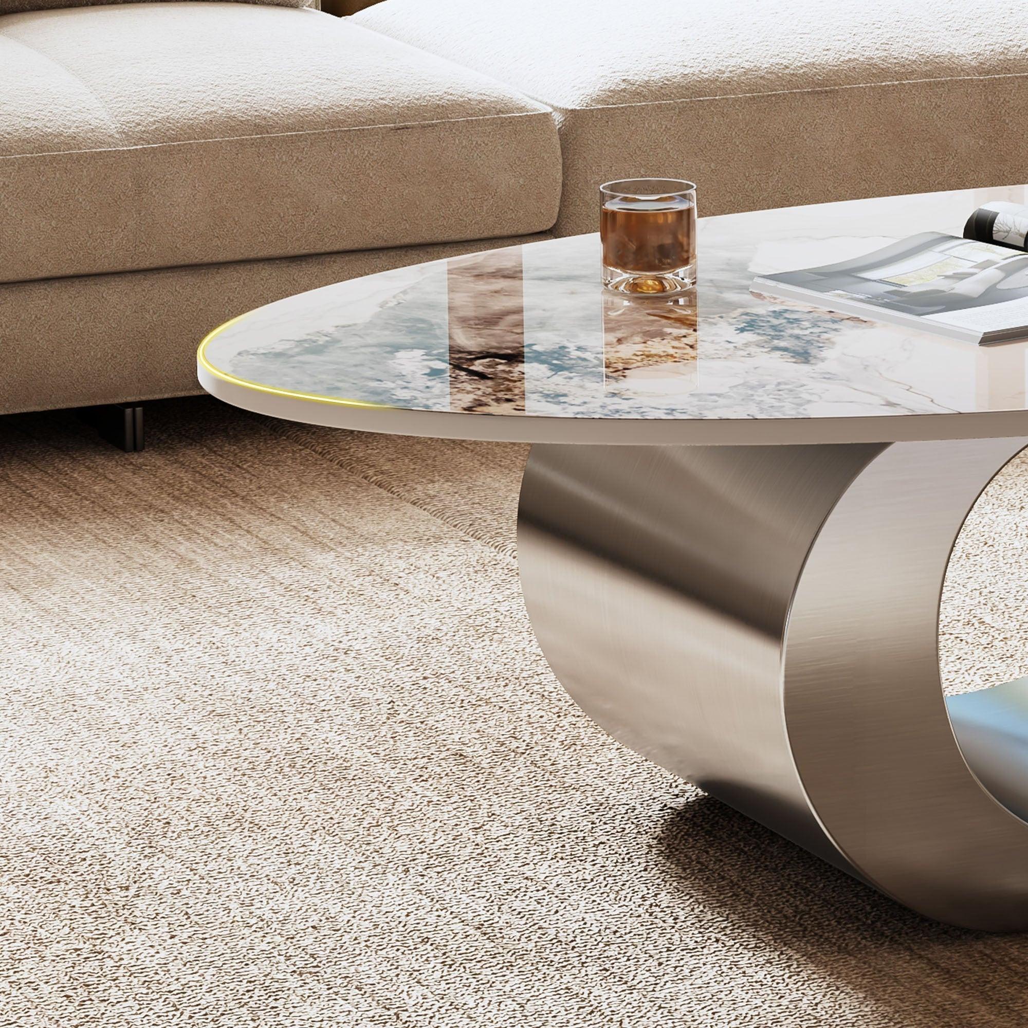 Contemporary Oval Faux Marble Coffee Table with Gray Base.