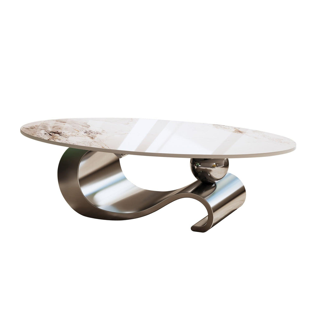 Contemporary Oval Faux Marble Coffee Table with Gray Base.