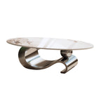 Contemporary Oval Faux Marble Coffee Table with Gray Base.