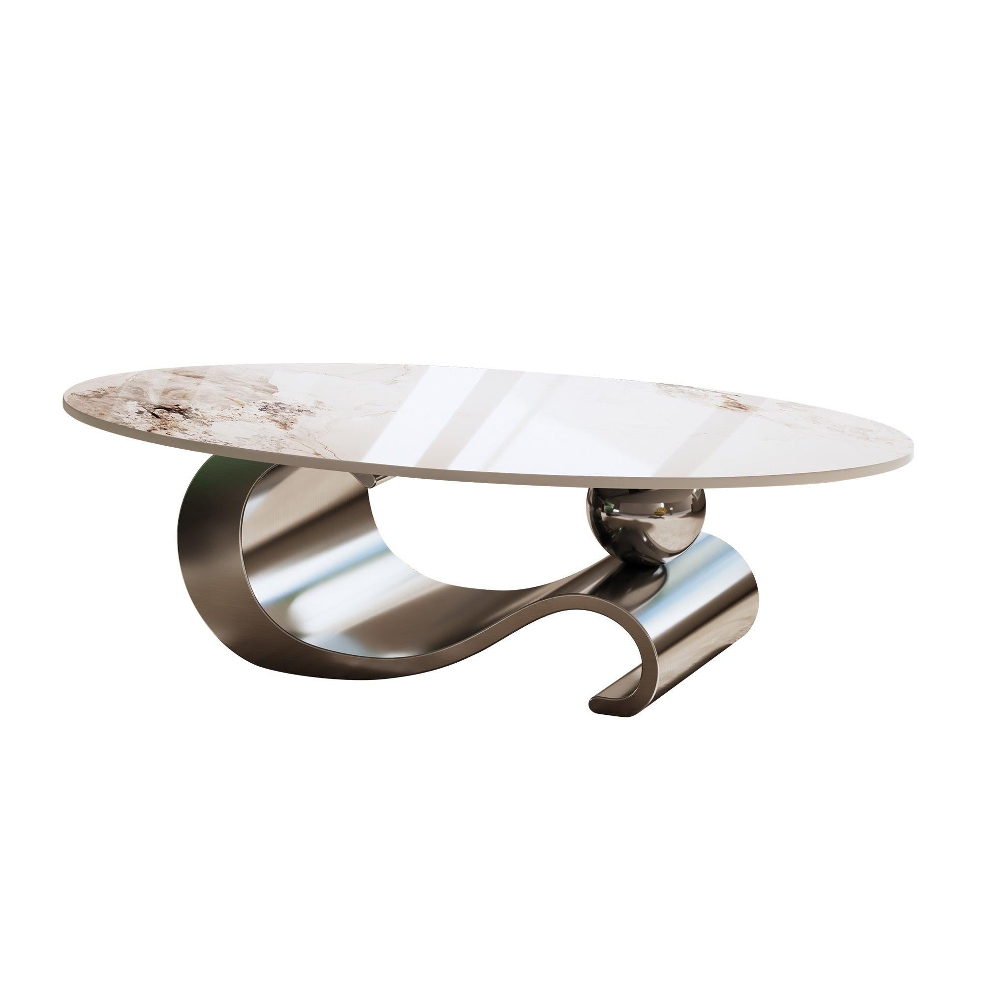 Contemporary Oval Faux Marble Coffee Table with Gray Base.