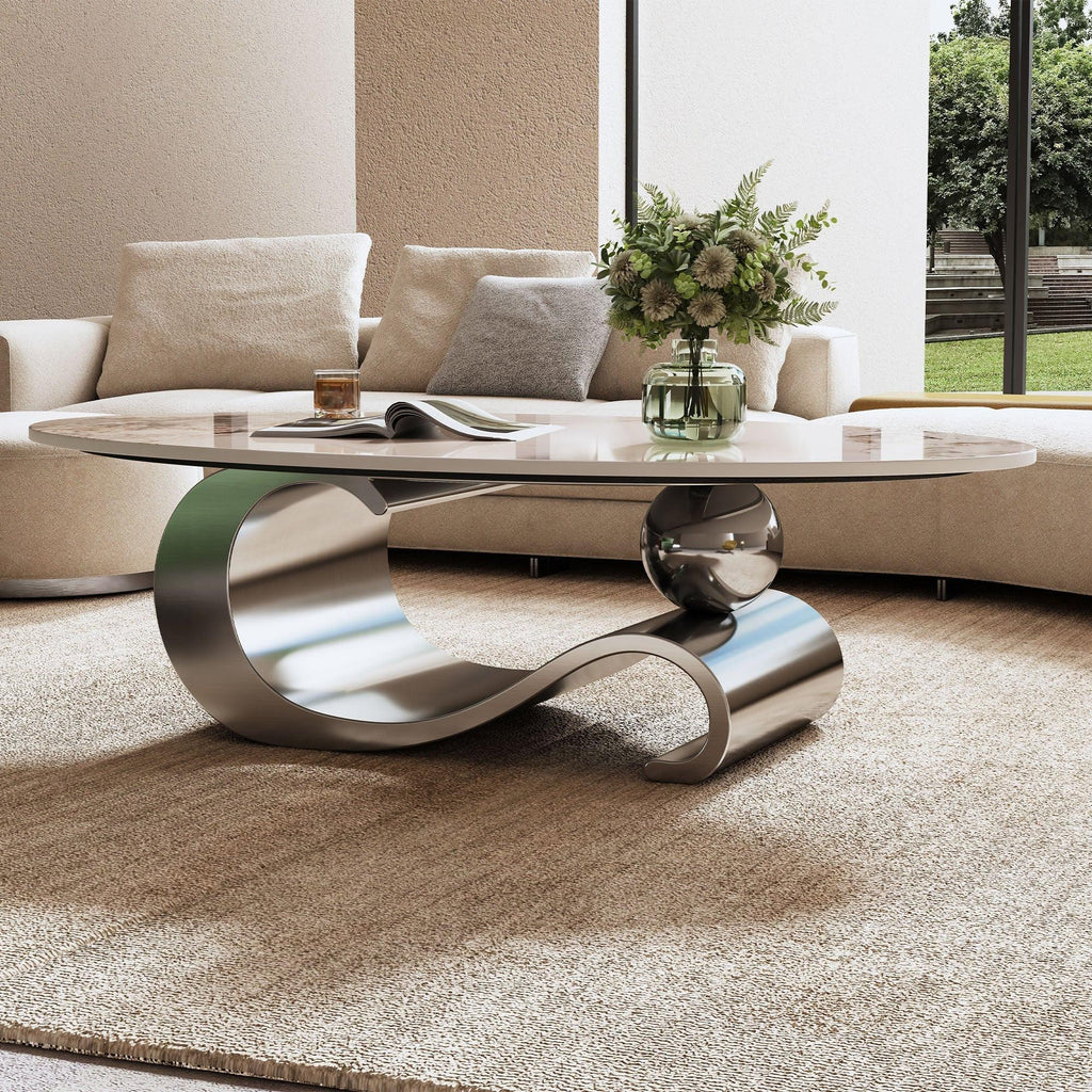 Contemporary Oval Faux Marble Coffee Table with Gray Base.