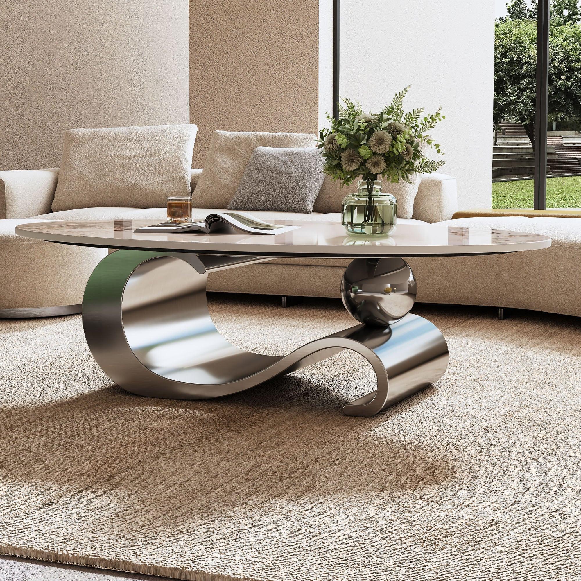 Contemporary Oval Faux Marble Coffee Table with Gray Base.