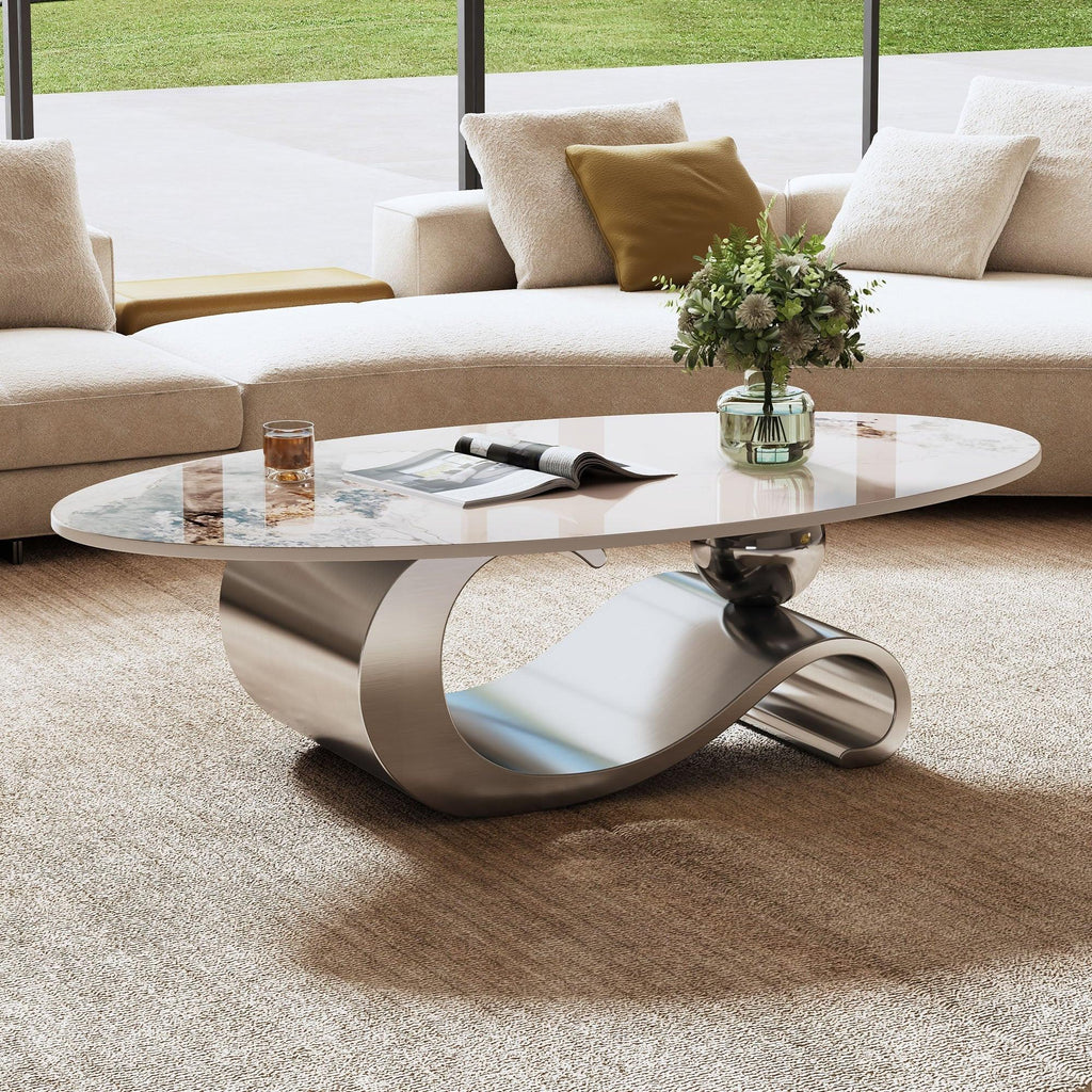 Contemporary Oval Faux Marble Coffee Table with Gray Base.
