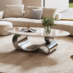 Contemporary Oval Faux Marble Coffee Table with Gray Base.