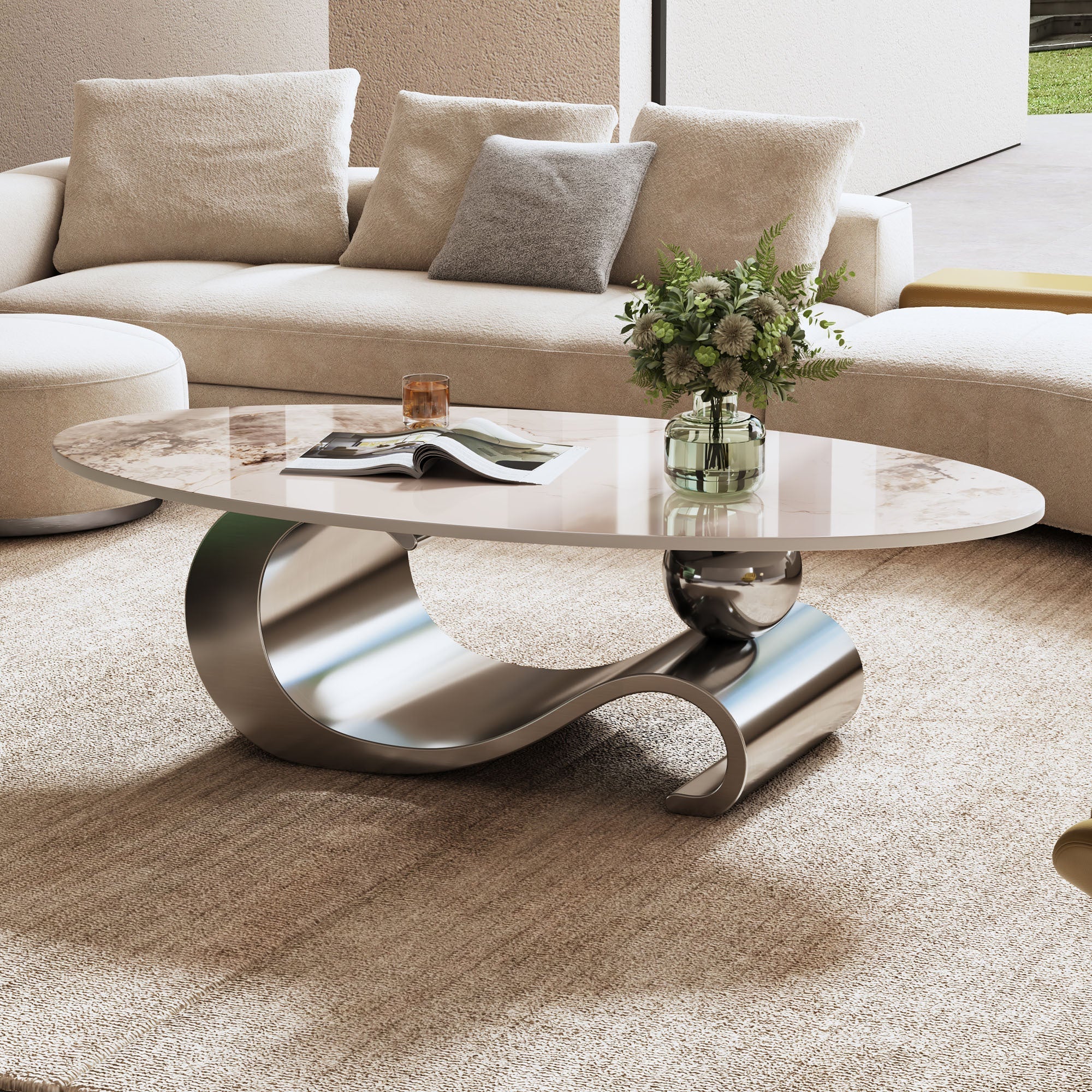 49.2' Faux Marble Oval Coffee Table, Contemporary Gray Stainless Steel Base, Modern Center Table for Living Room