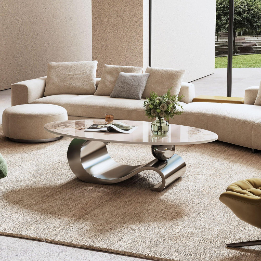 Contemporary Oval Faux Marble Coffee Table with Gray Base.