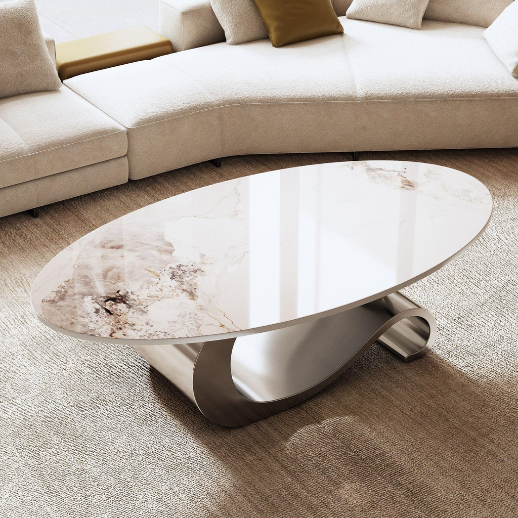 Contemporary Oval Faux Marble Coffee Table with Gray Base.