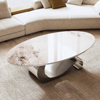Contemporary Oval Faux Marble Coffee Table with Gray Base.