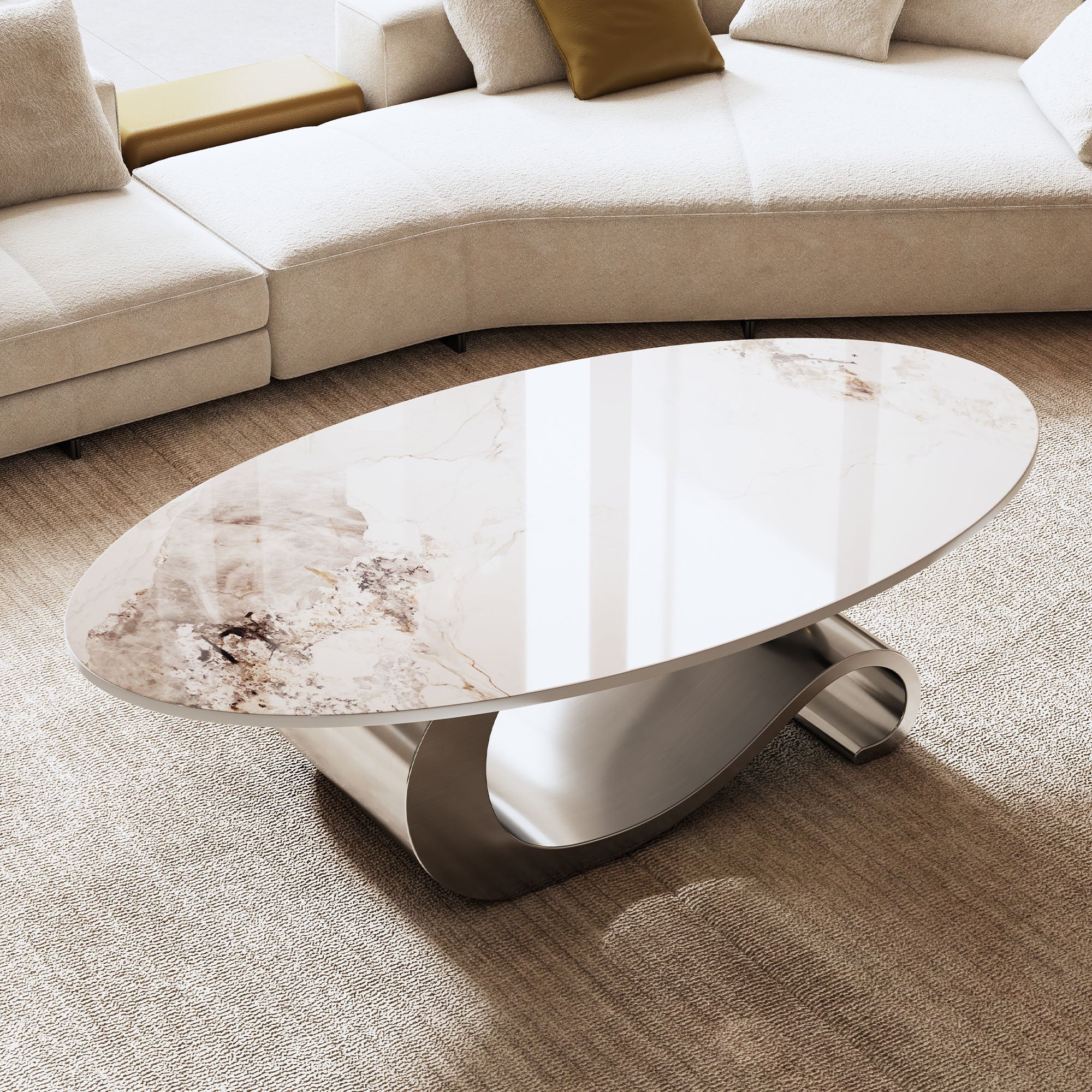 49.2' Faux Marble Oval Coffee Table, Contemporary Gray Stainless Steel Base, Modern Center Table for Living Room