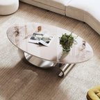 Contemporary Oval Faux Marble Coffee Table with Gray Base.