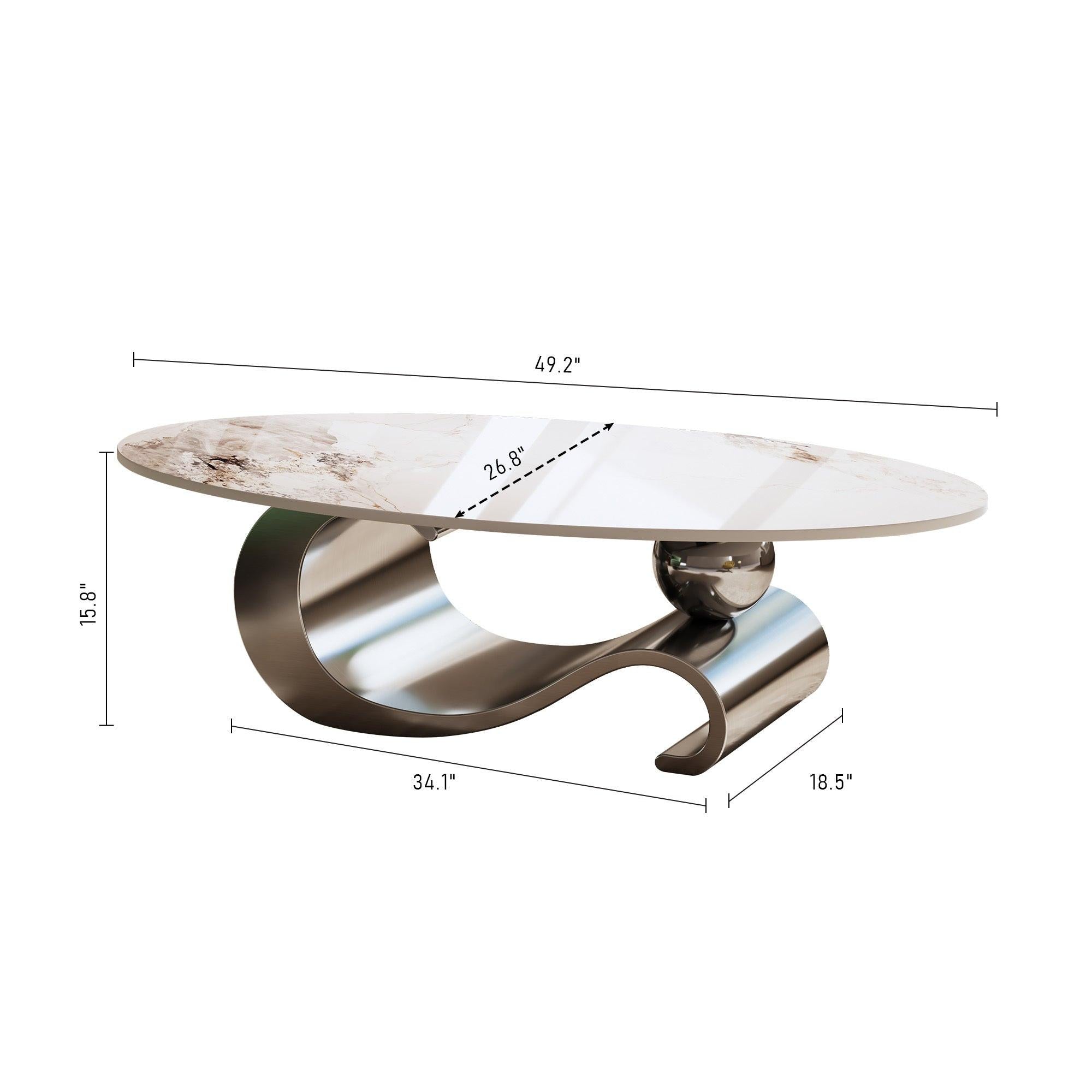 Contemporary Oval Faux Marble Coffee Table with Gray Base.