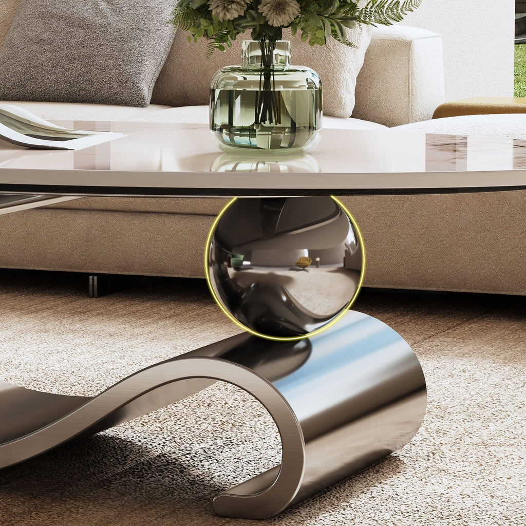 Contemporary Oval Faux Marble Coffee Table with Gray Base.