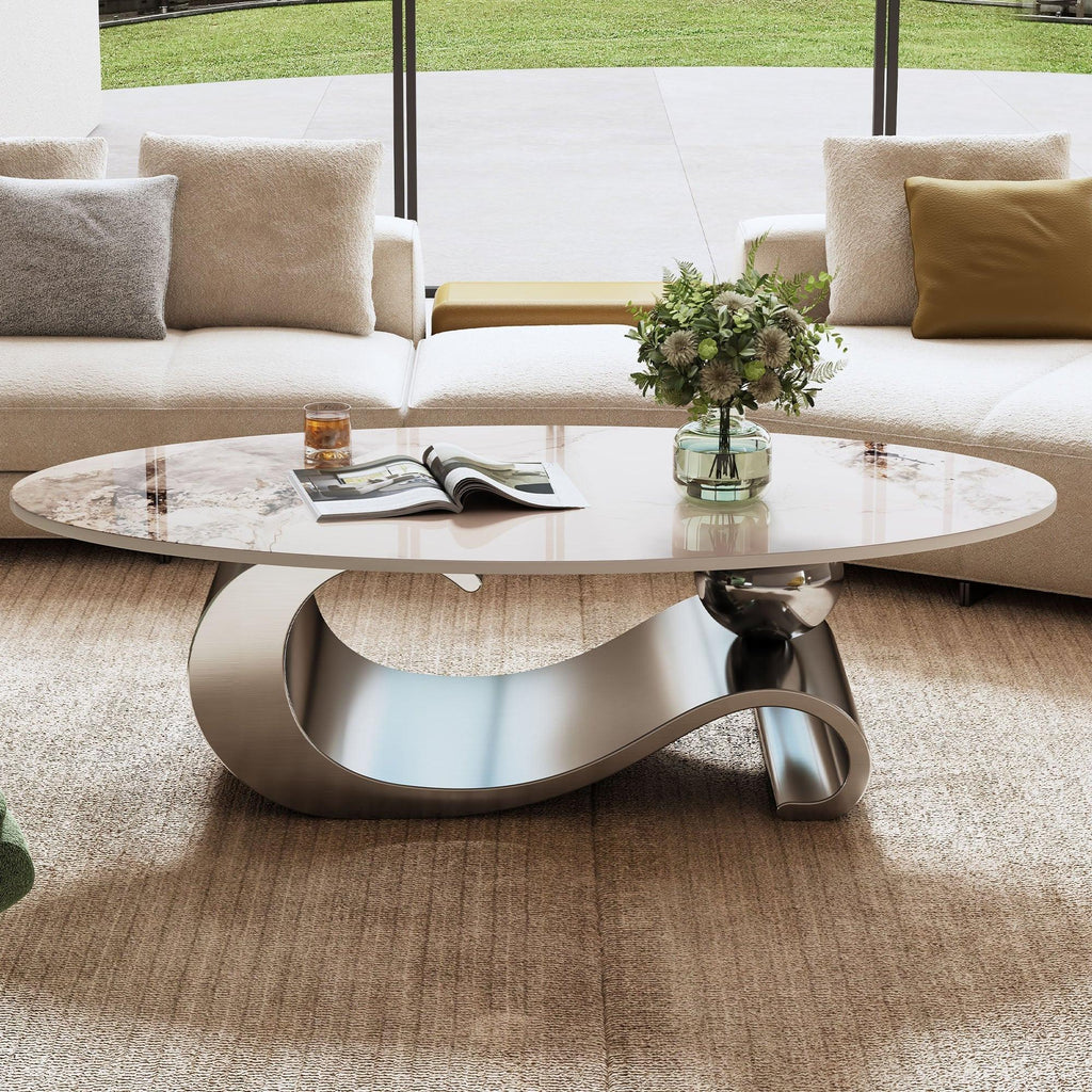 Contemporary Oval Faux Marble Coffee Table with Gray Base.