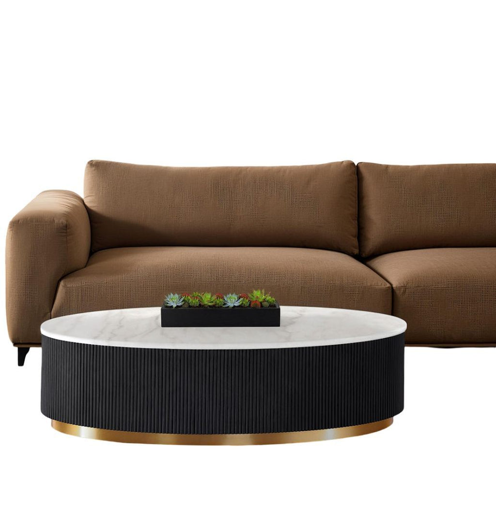 Contemporary Style 1pc Oval Cocktail Table Marble Top Gold Accent Plinth Base Black White And Gold Finish Primary Living Room Coffee Table