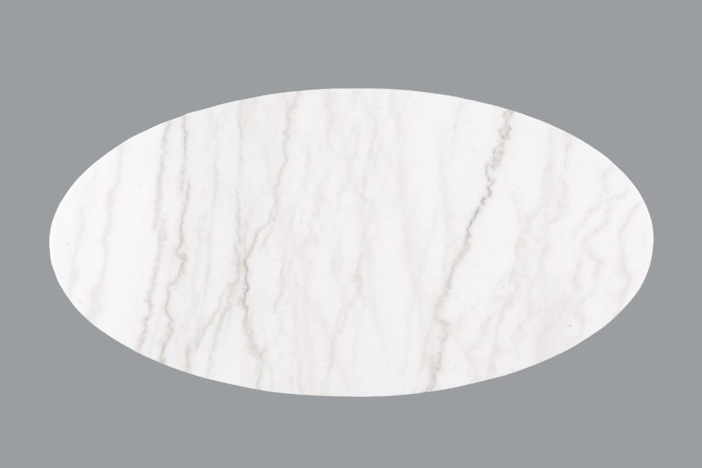 Contemporary Style 1pc Oval Cocktail Table Marble Top Gold Accent Plinth Base Black White And Gold Finish Primary Living Room Coffee Table