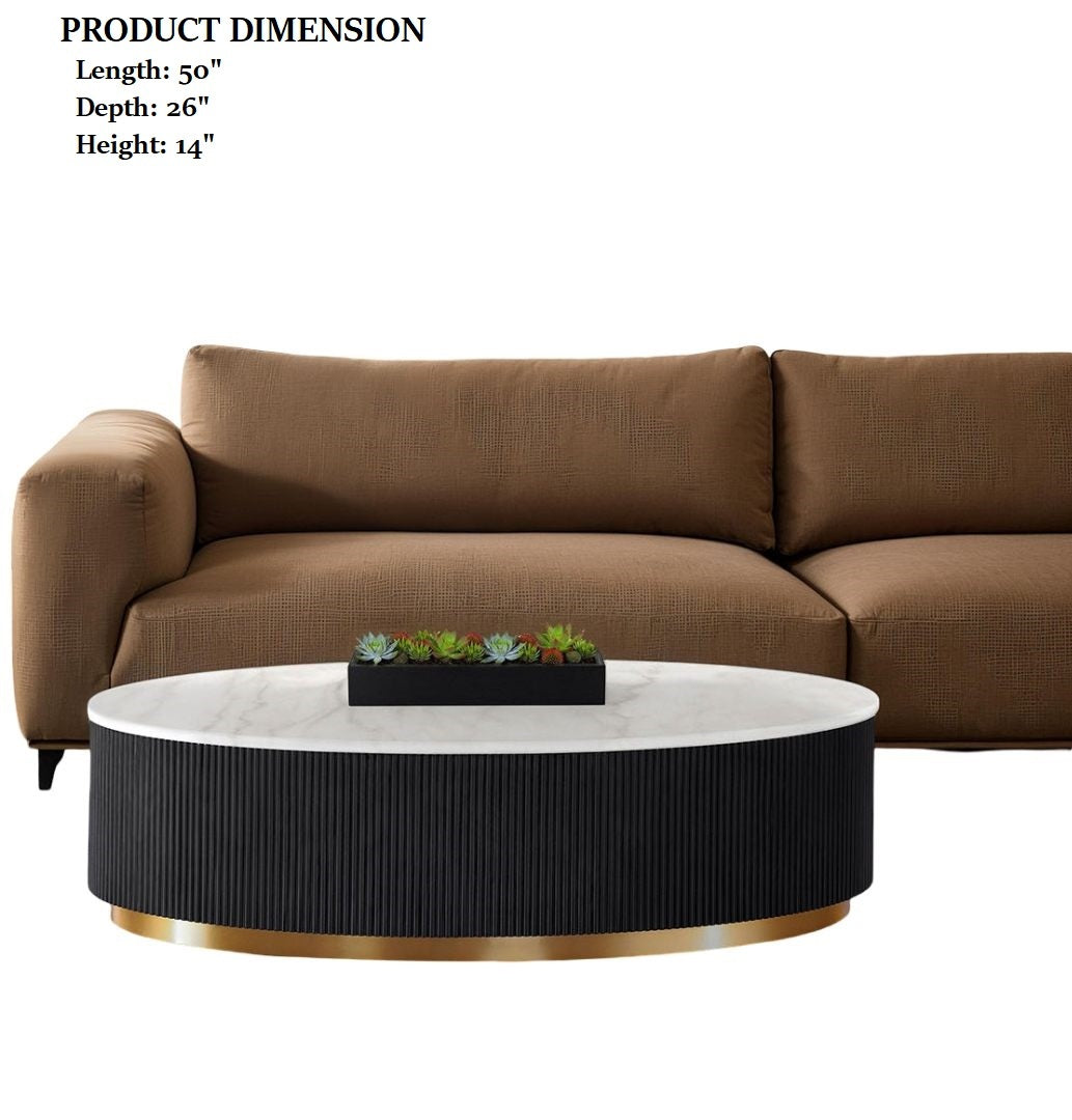 Contemporary Style 1pc Oval Cocktail Table Marble Top Gold Accent Plinth Base Black White And Gold Finish Primary Living Room Coffee Table