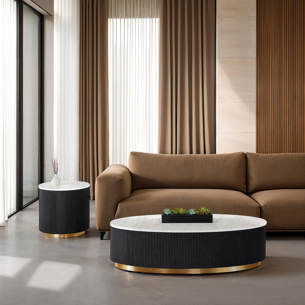 Contemporary Style 1pc Oval Cocktail Table Marble Top Gold Accent Plinth Base Black White And Gold Finish Primary Living Room Coffee Table