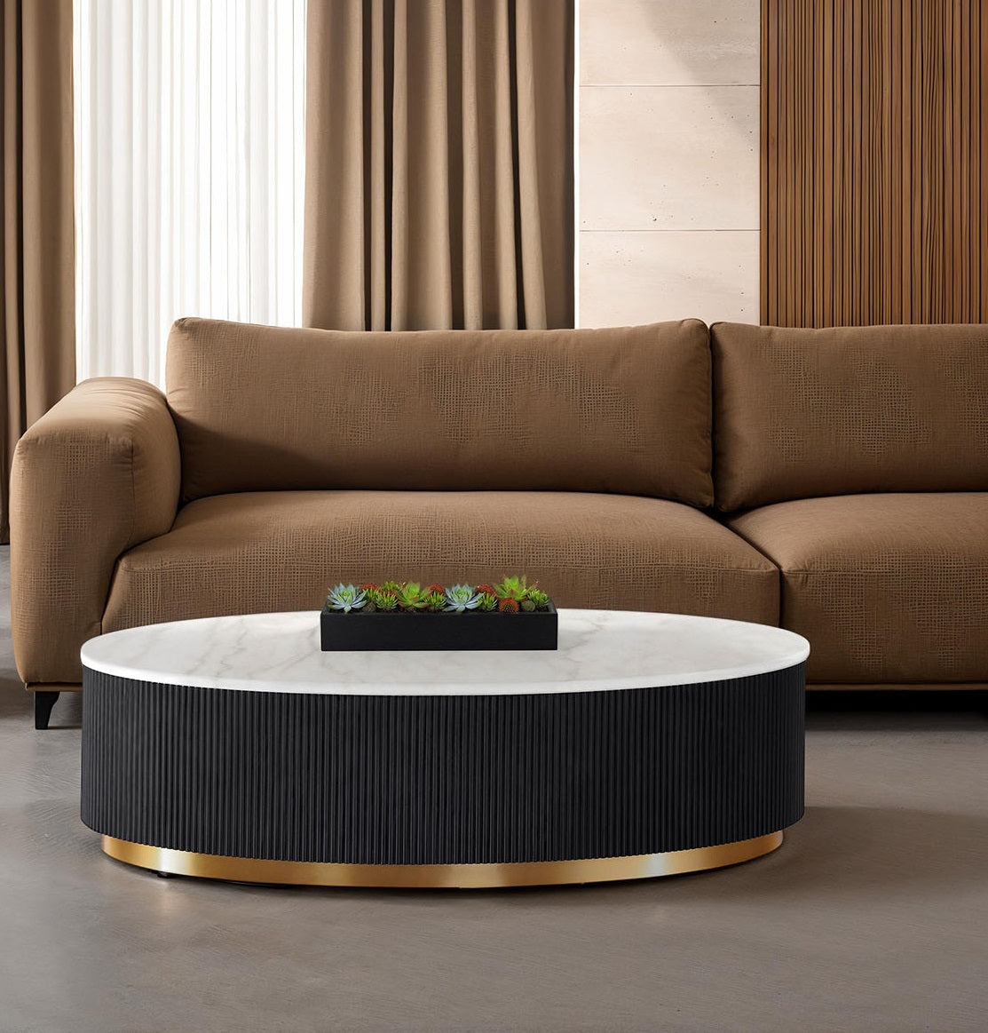 Contemporary Style 1pc Oval Cocktail Table Marble Top Gold Accent Plinth Base Black White And Gold Finish Primary Living Room Coffee Table
