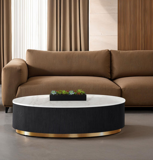 Contemporary Style 1pc Oval Cocktail Table Marble Top Gold Accent Plinth Base Black White And Gold Finish Primary Living Room Coffee Table