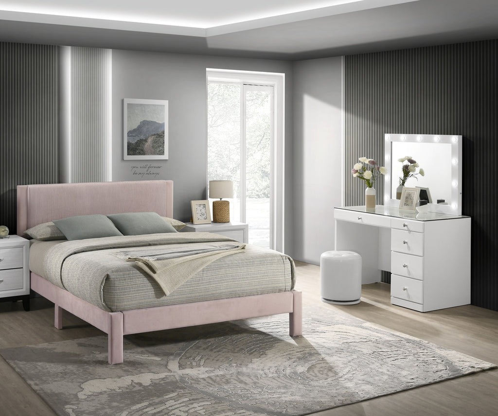 1pc Contemporary Plush Upholstered Headboard Ribbed Texture Low-profile Frame Unobtrusive Legs Youth Kids Twin Platform Bed Pink Bedroom Furniture