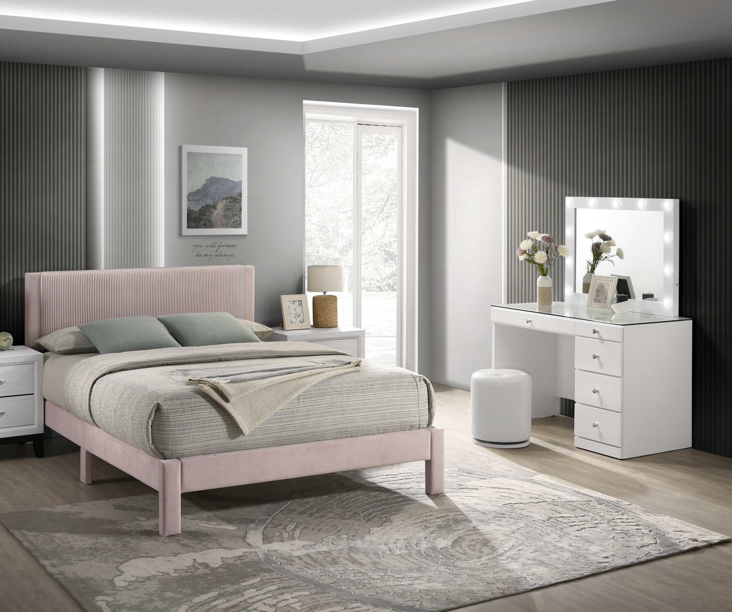 1pc Contemporary Plush Upholstered Headboard Ribbed Texture Low-profile Frame Unobtrusive Legs Youth Kids Twin Platform Bed Pink Bedroom Furniture