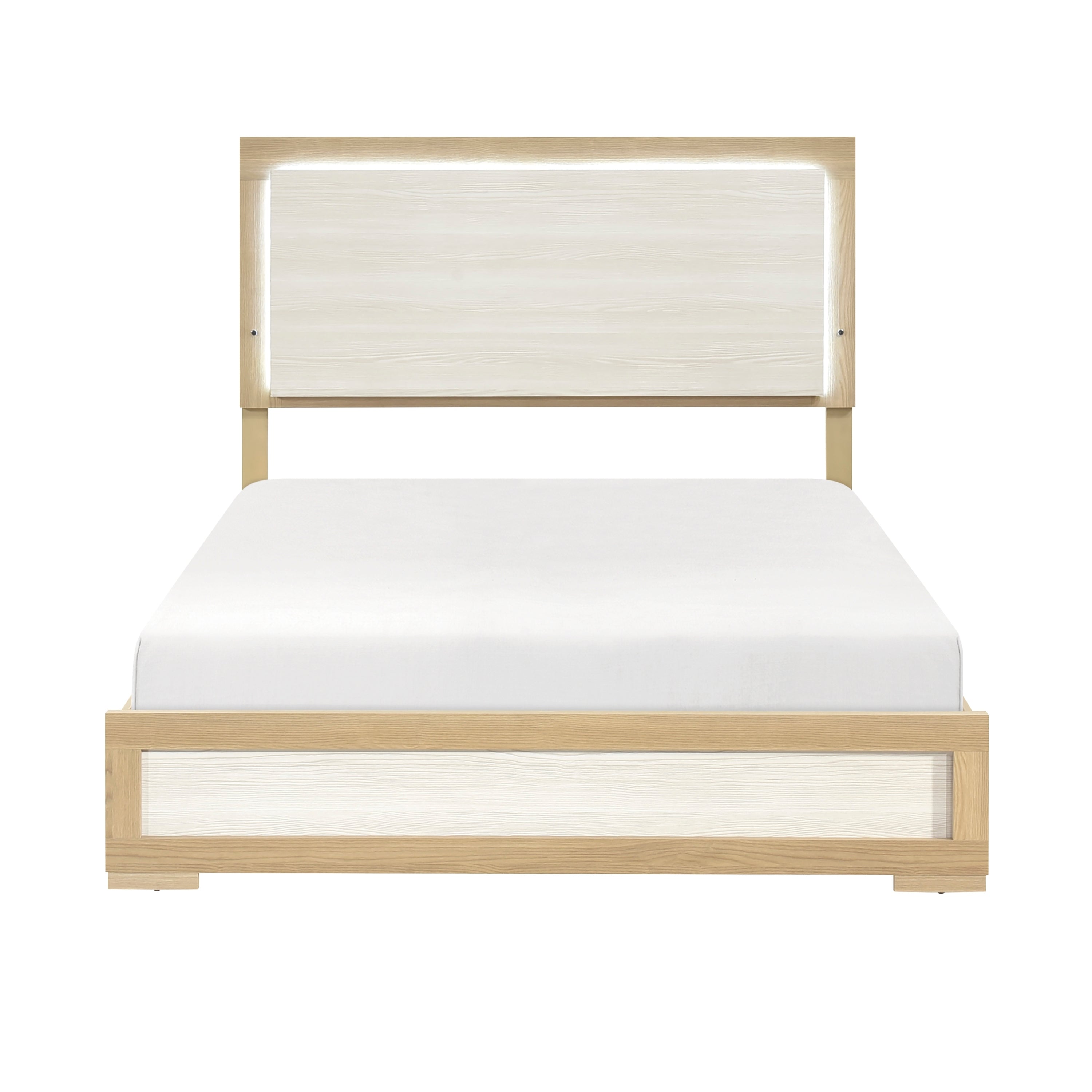 Contemporary Natural and White Finish Queen Size Bed LED Panel Headboard Wooden Bedroom Furniture 1pc