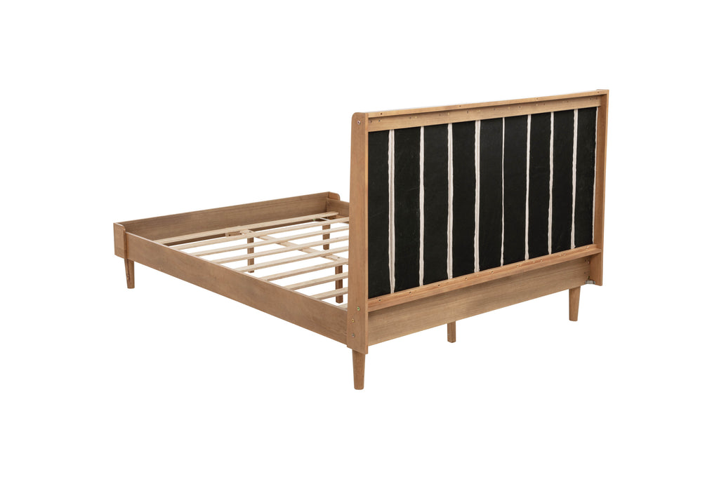 Queen Size Wood Bed with Piano Key Style Upholstered Headboard , Wood Bed with Strengthened Bed Frame,WHEAT