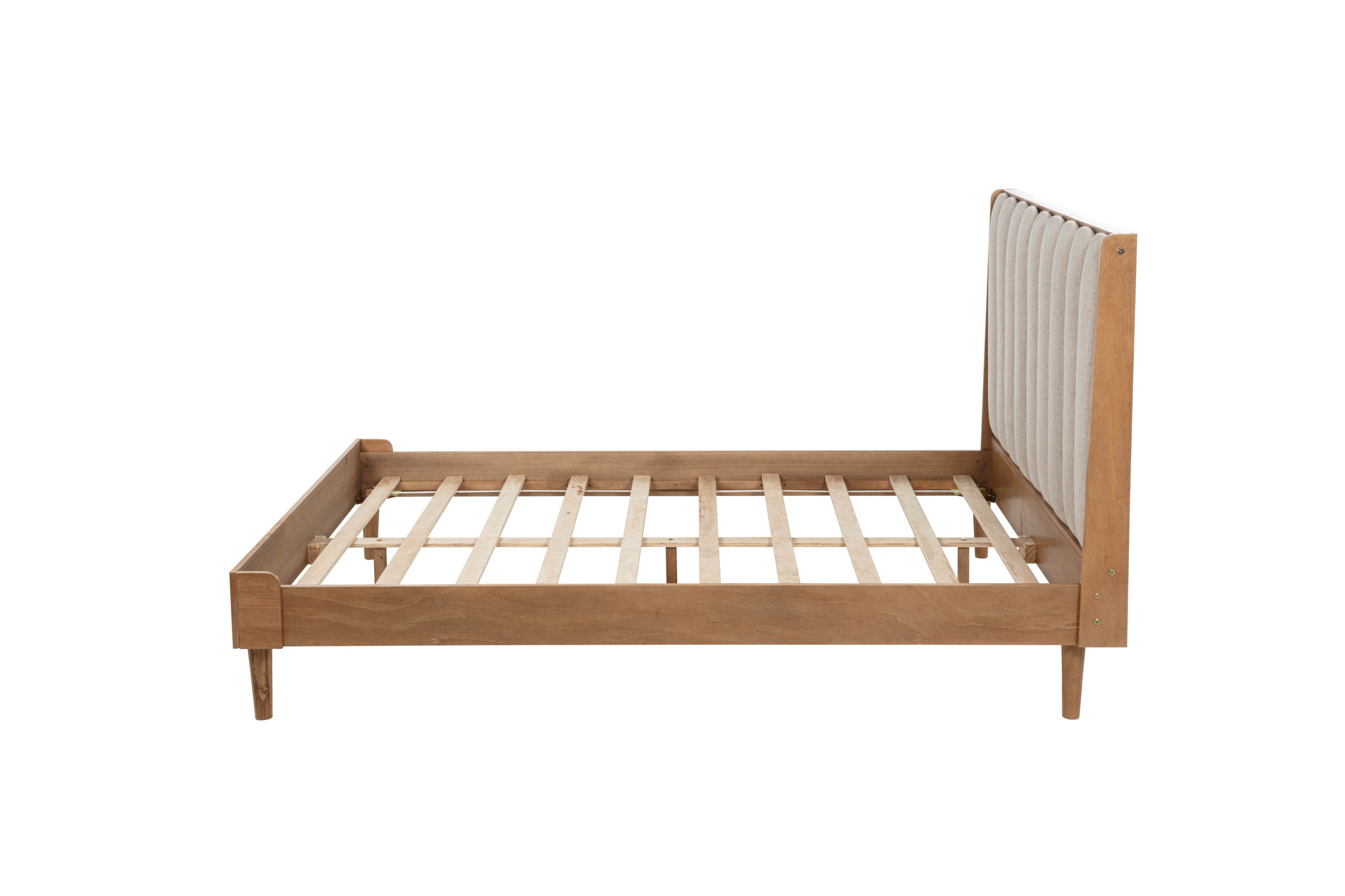 Queen Size Wood Bed with Piano Key Style Upholstered Headboard , Wood Bed with Strengthened Bed Frame,WHEAT
