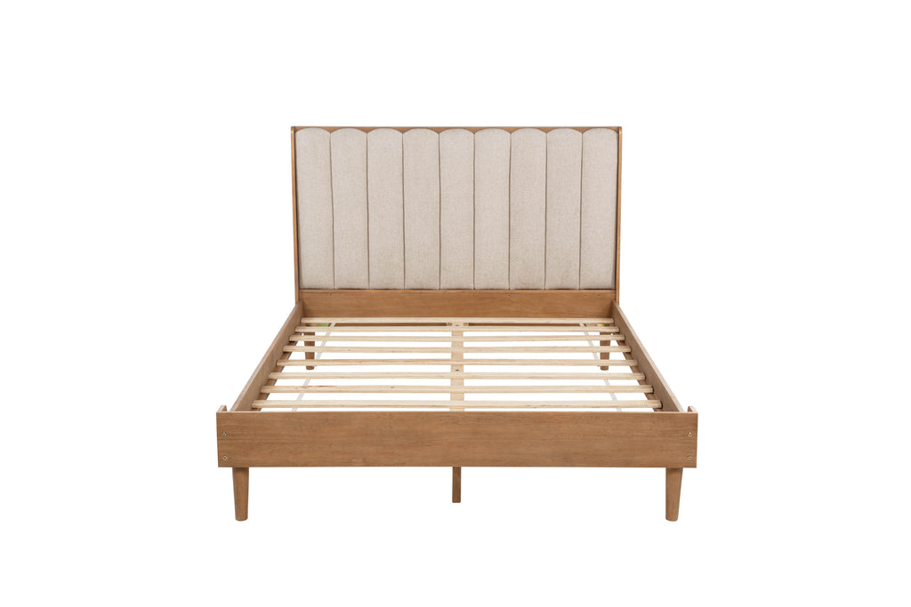 Queen Size Wood Bed with Piano Key Style Upholstered Headboard , Wood Bed with Strengthened Bed Frame,WHEAT