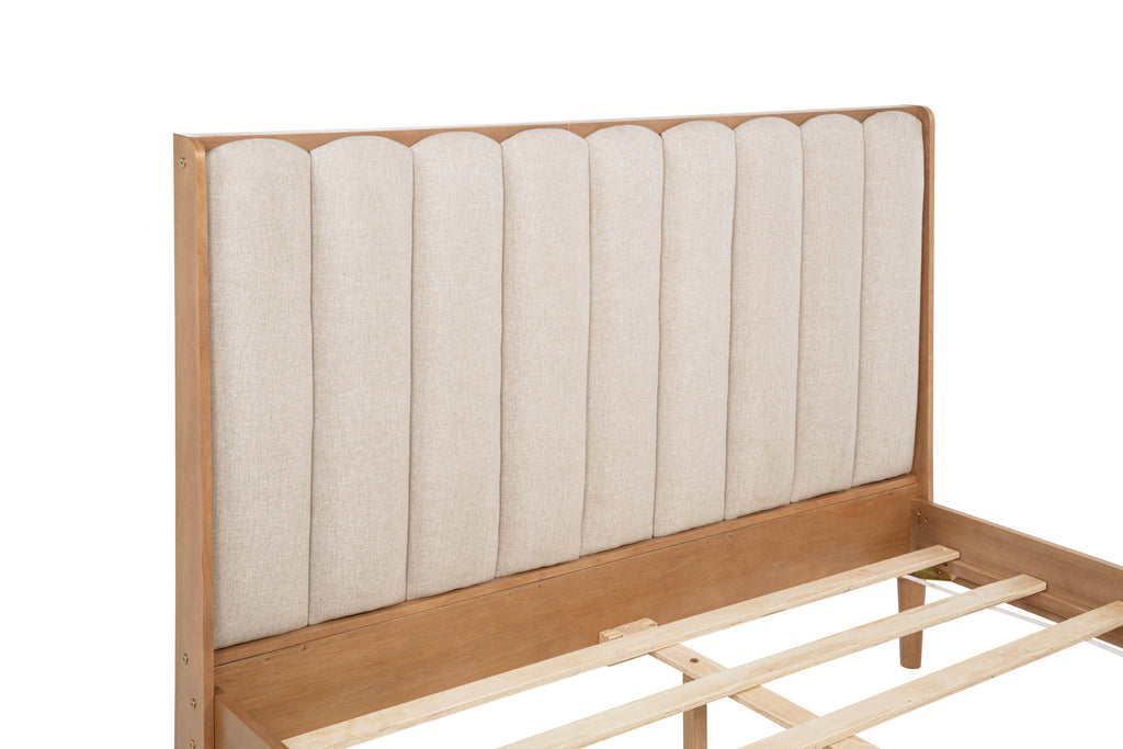 Queen Size Wood Bed with Piano Key Style Upholstered Headboard , Wood Bed with Strengthened Bed Frame,WHEAT
