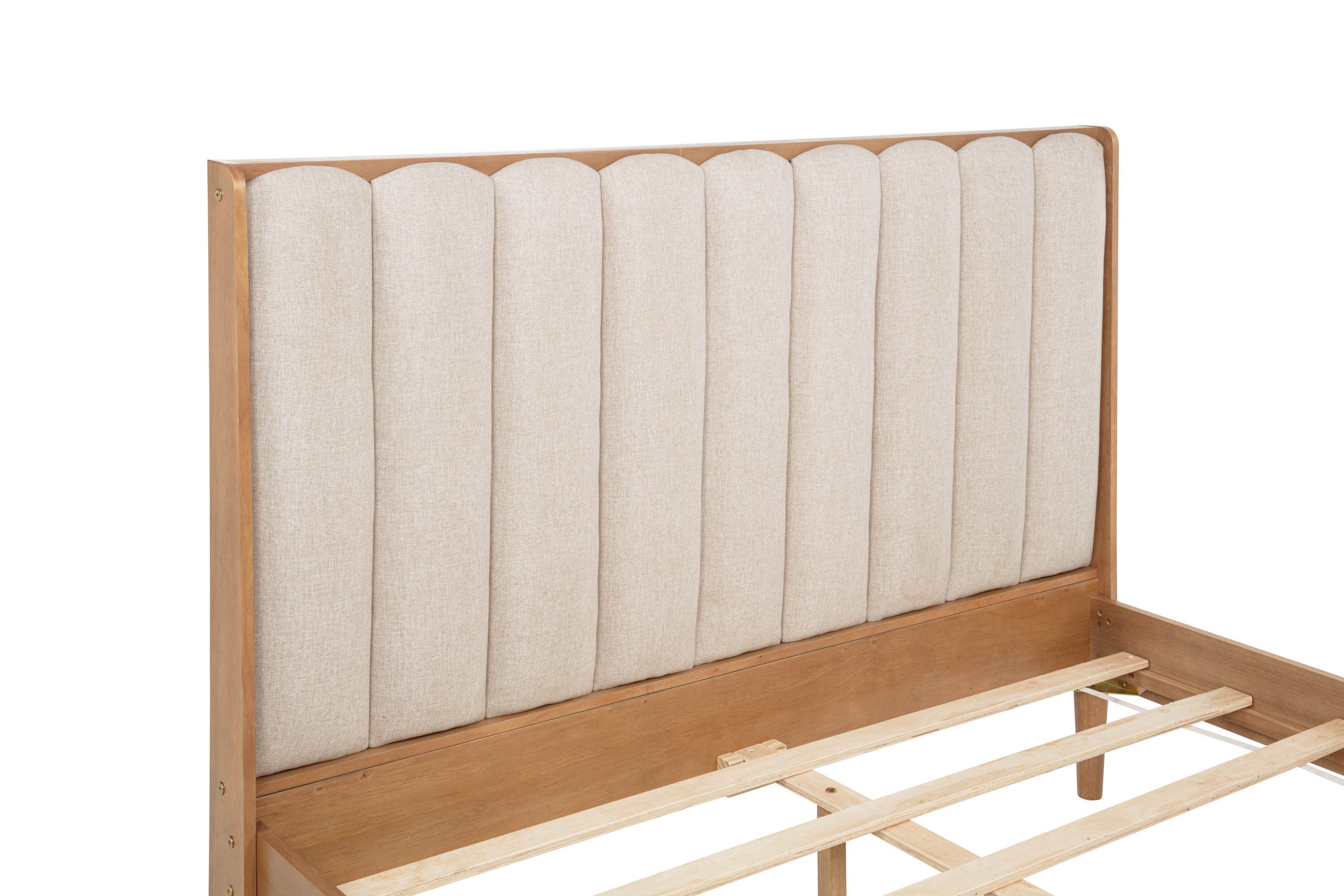 Queen Size Wood Bed with Piano Key Style Upholstered Headboard , Wood Bed with Strengthened Bed Frame,WHEAT