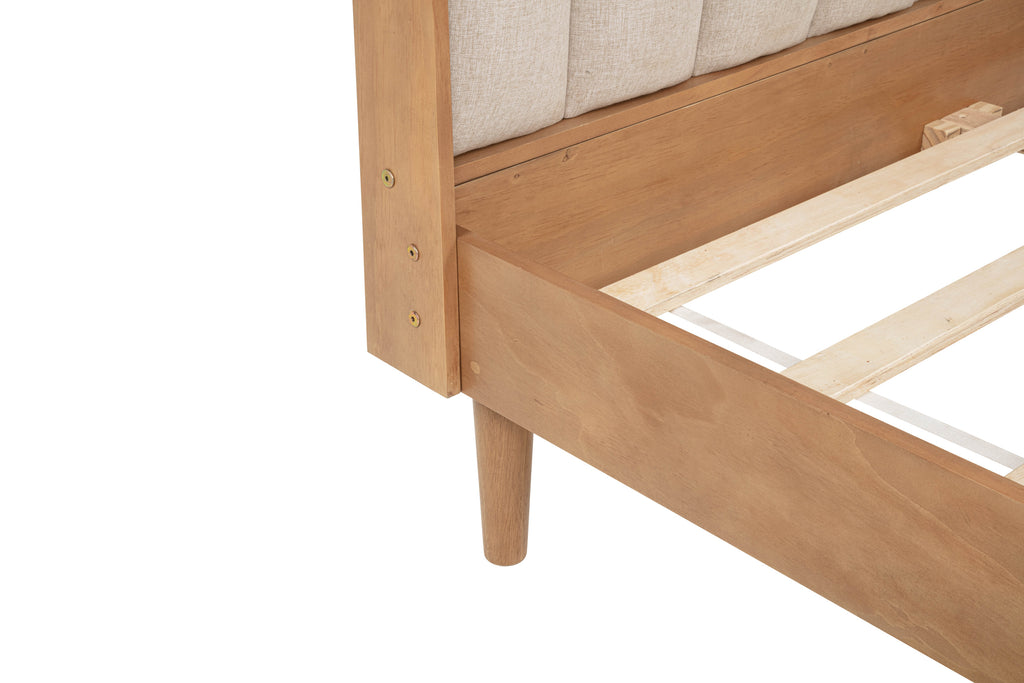 Queen Size Wood Bed with Piano Key Style Upholstered Headboard , Wood Bed with Strengthened Bed Frame,WHEAT