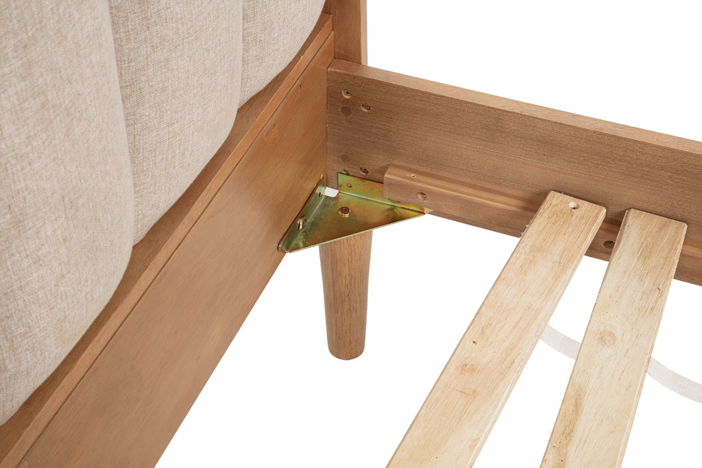 Queen Size Wood Bed with Piano Key Style Upholstered Headboard , Wood Bed with Strengthened Bed Frame,WHEAT